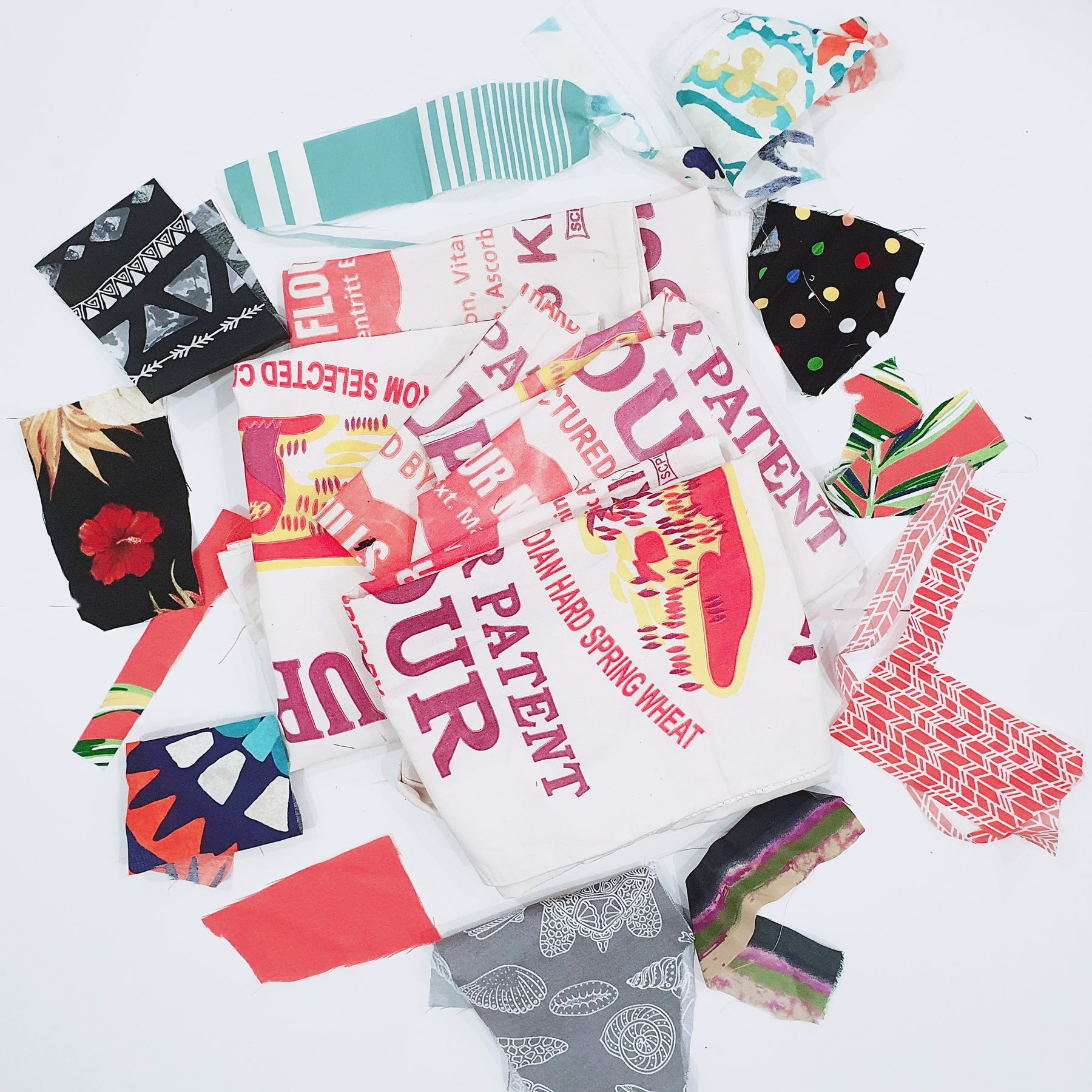 Used flour sacks and deadstock fabric scraps