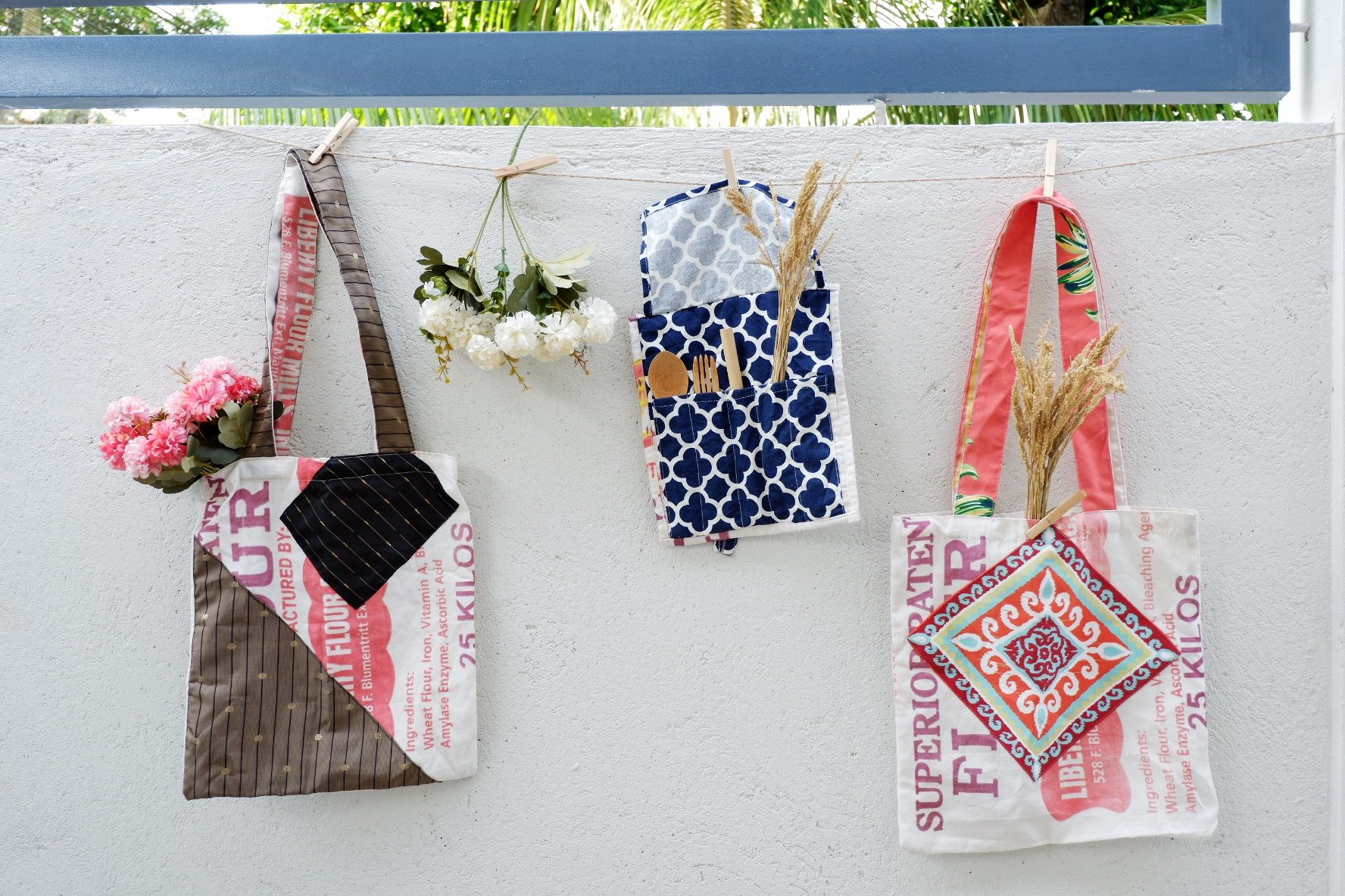 One-of-a-kind katsa totes hanging on a line